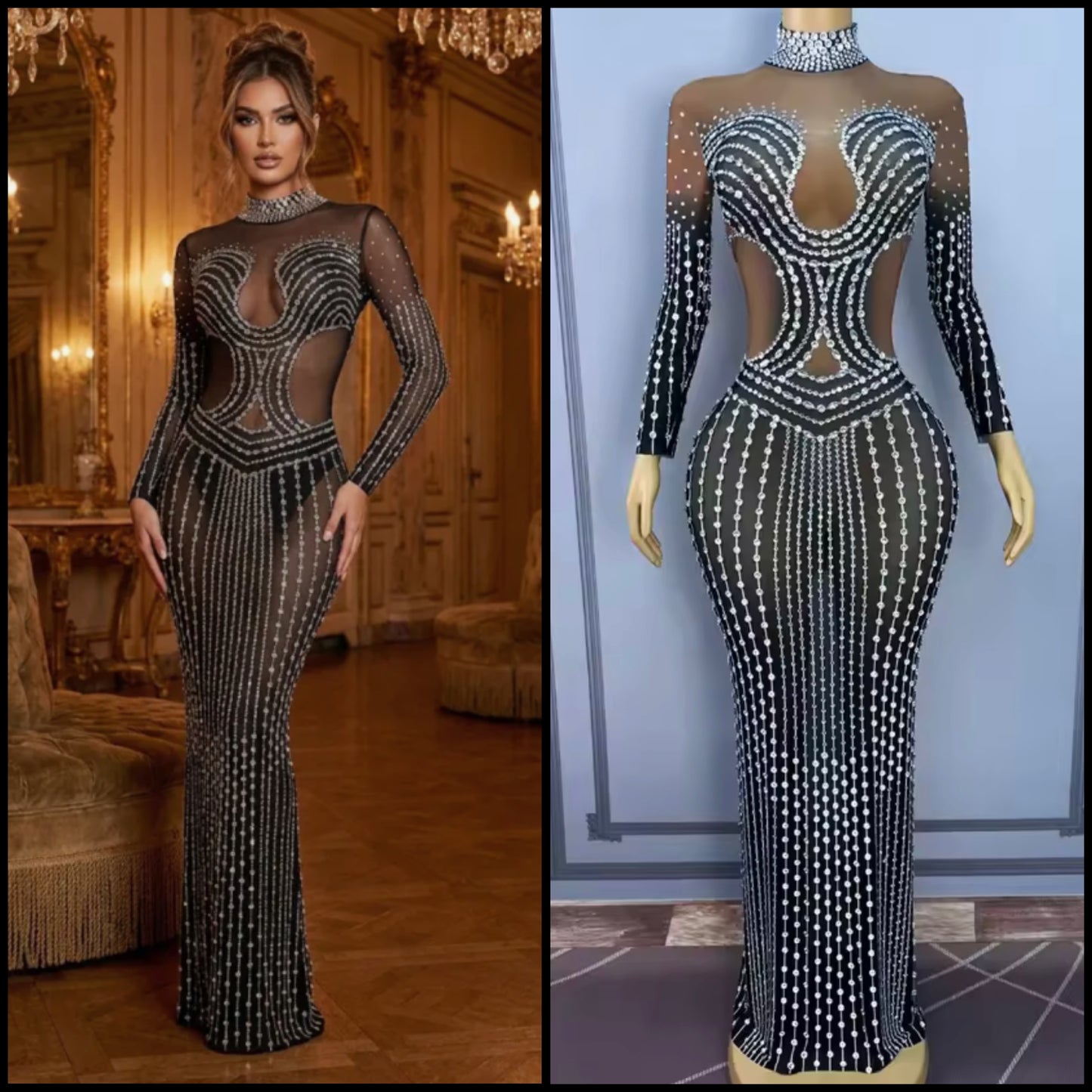 Sexy Rhinestone Full Sleeve Floor-Length Dress
