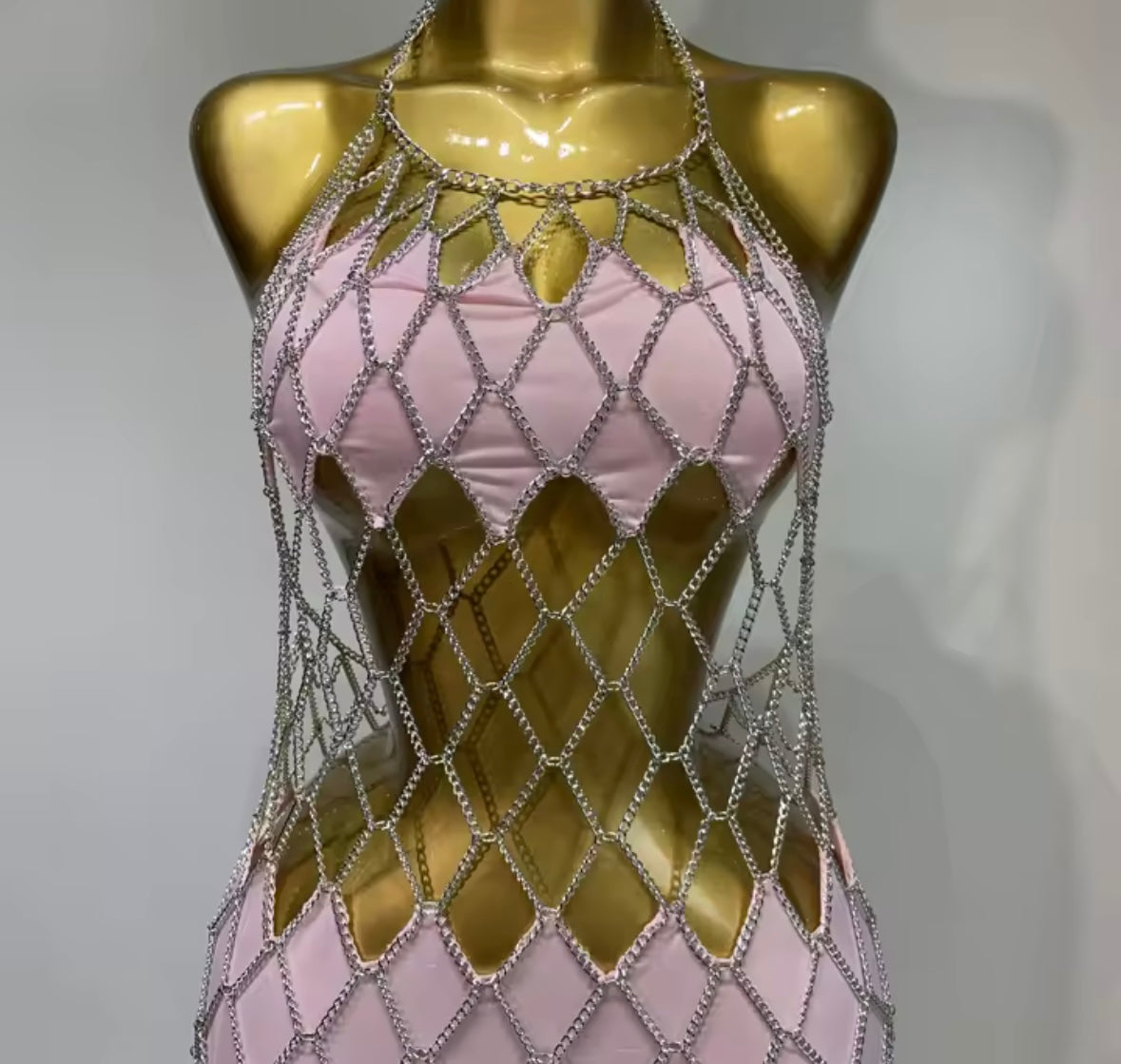Sexy Pink Halter Sleeveless See Through Chain Tassel Dress