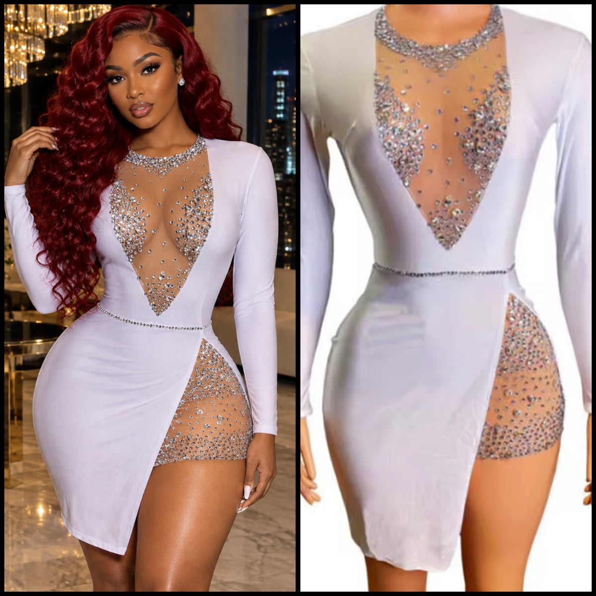 Sexy White Rhinestone Full Sleeve Dress