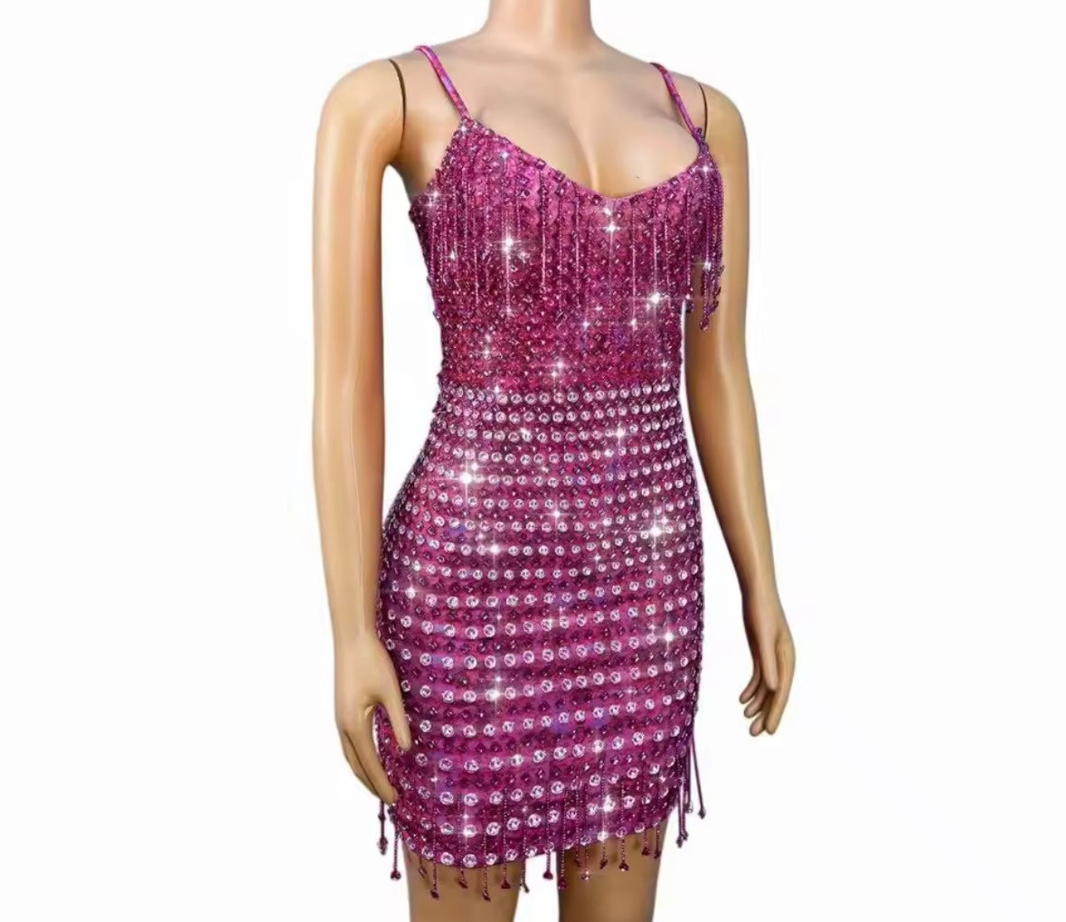 Pink Sexy Sleeveless Rhinestone Tassel Dress