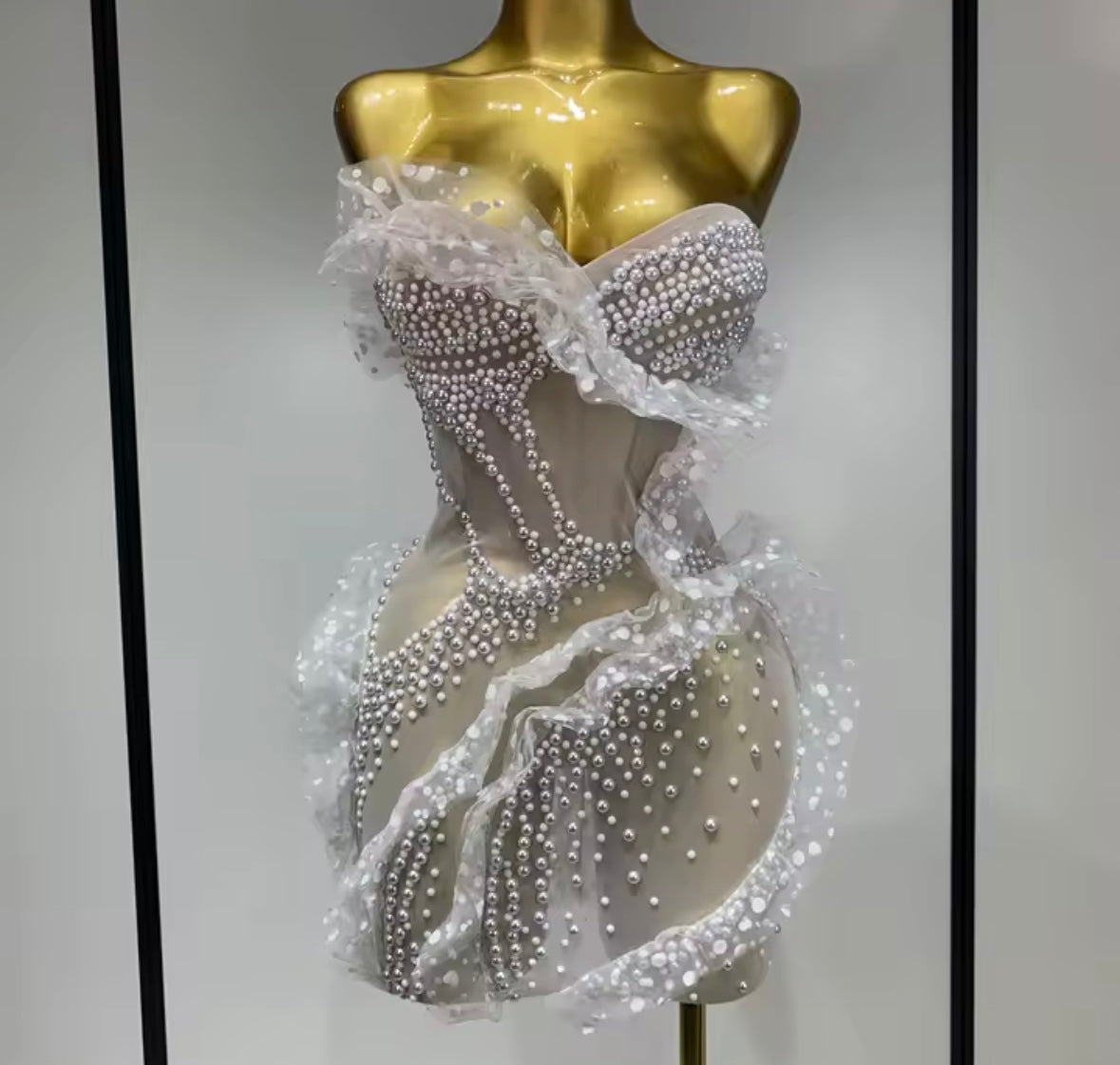 White Strapless Sexy Pearl Ruffle See Through Dress