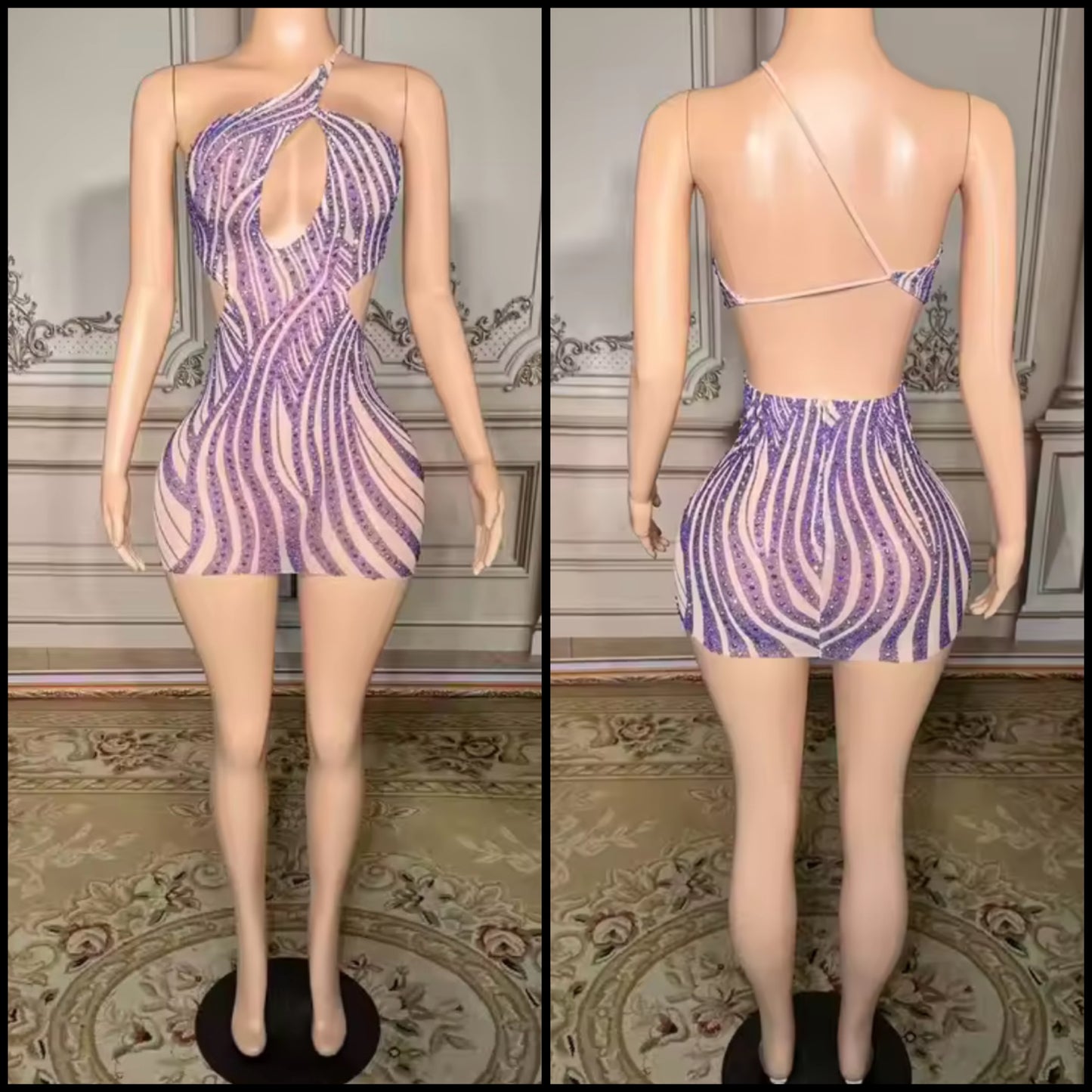 Sexy Striped Rhinestone Halter Sleeveless Open Back Dress