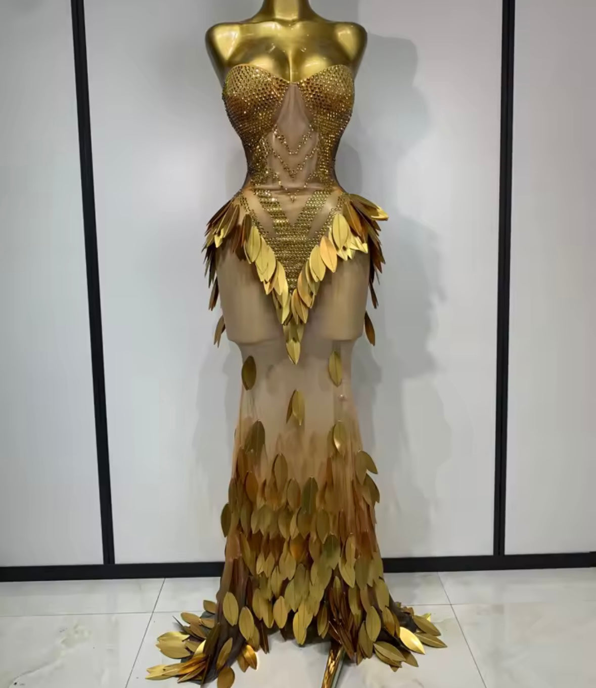 Gold Sexy Strapless Rhinestone Sequins See Through Maxi Dress