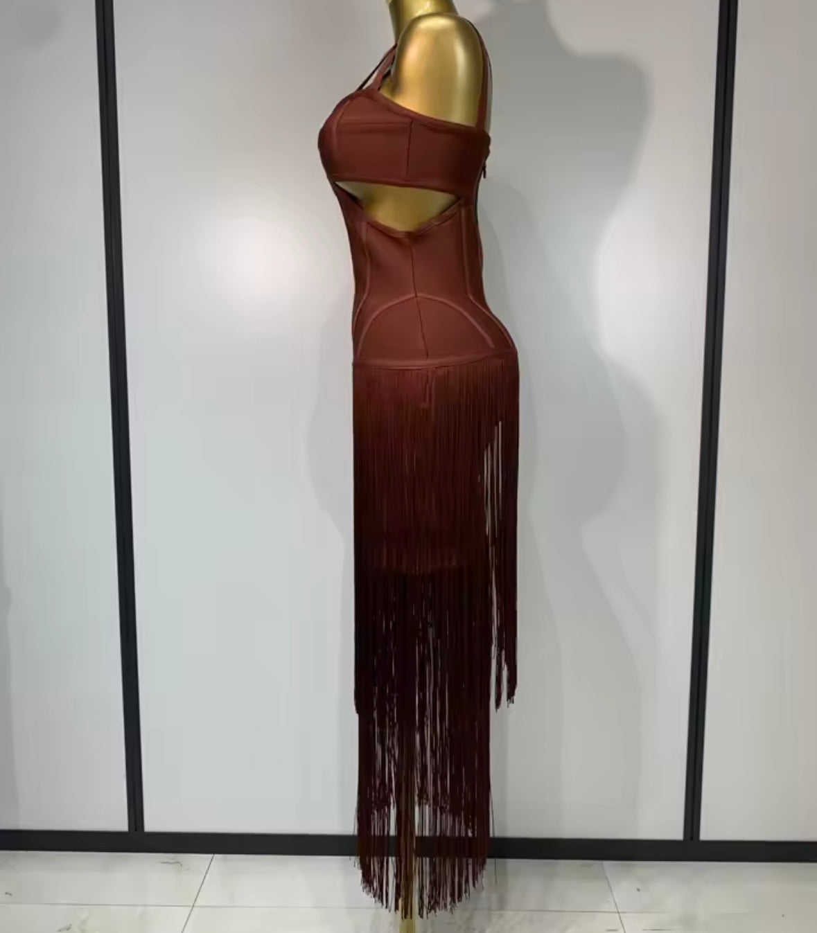 Maroon Sleeveless Sexy Tassel Bandage Long Dress