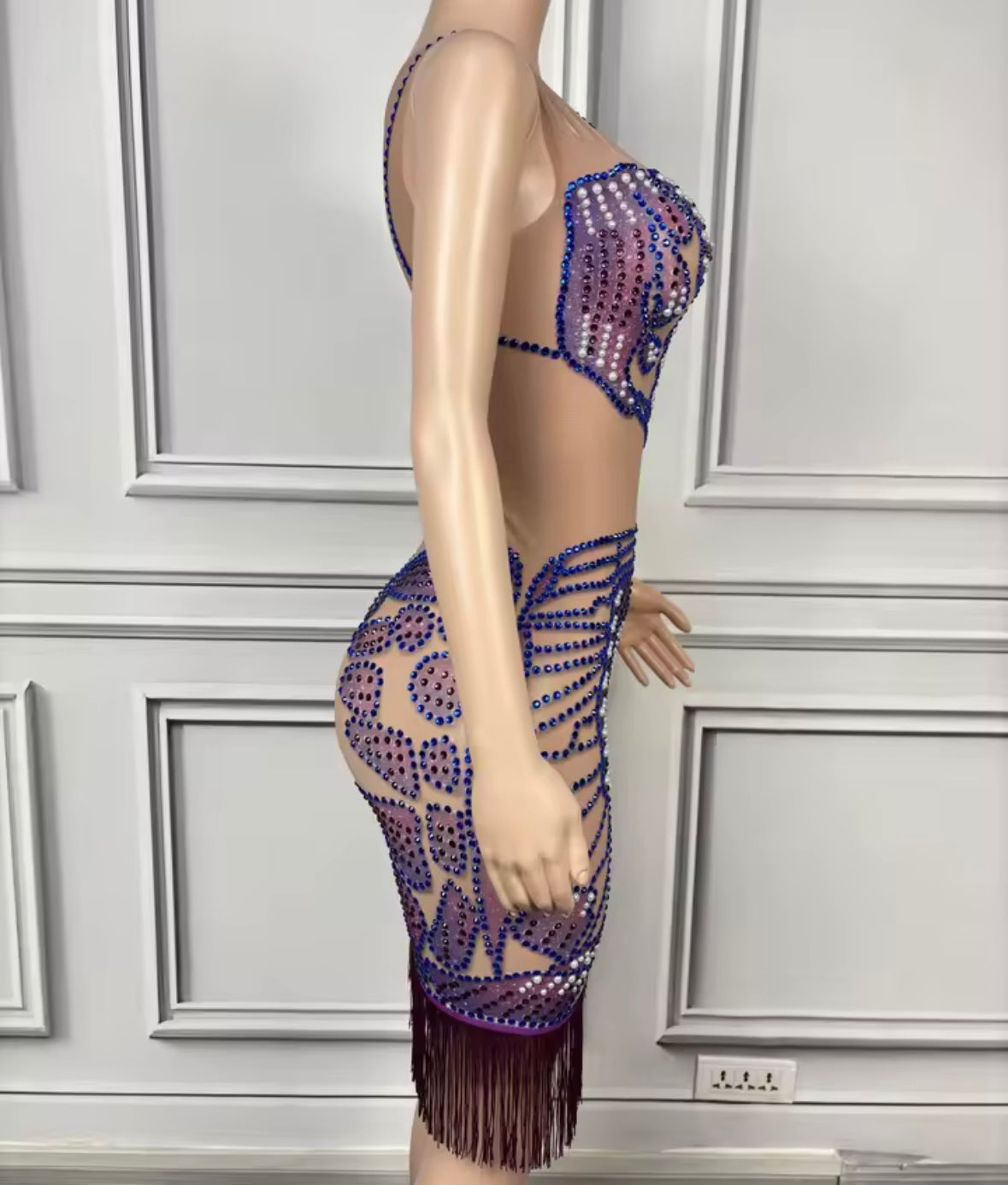 Sexy One Shoulder Sleeveless Rhinestone Fringe Tassel Dress