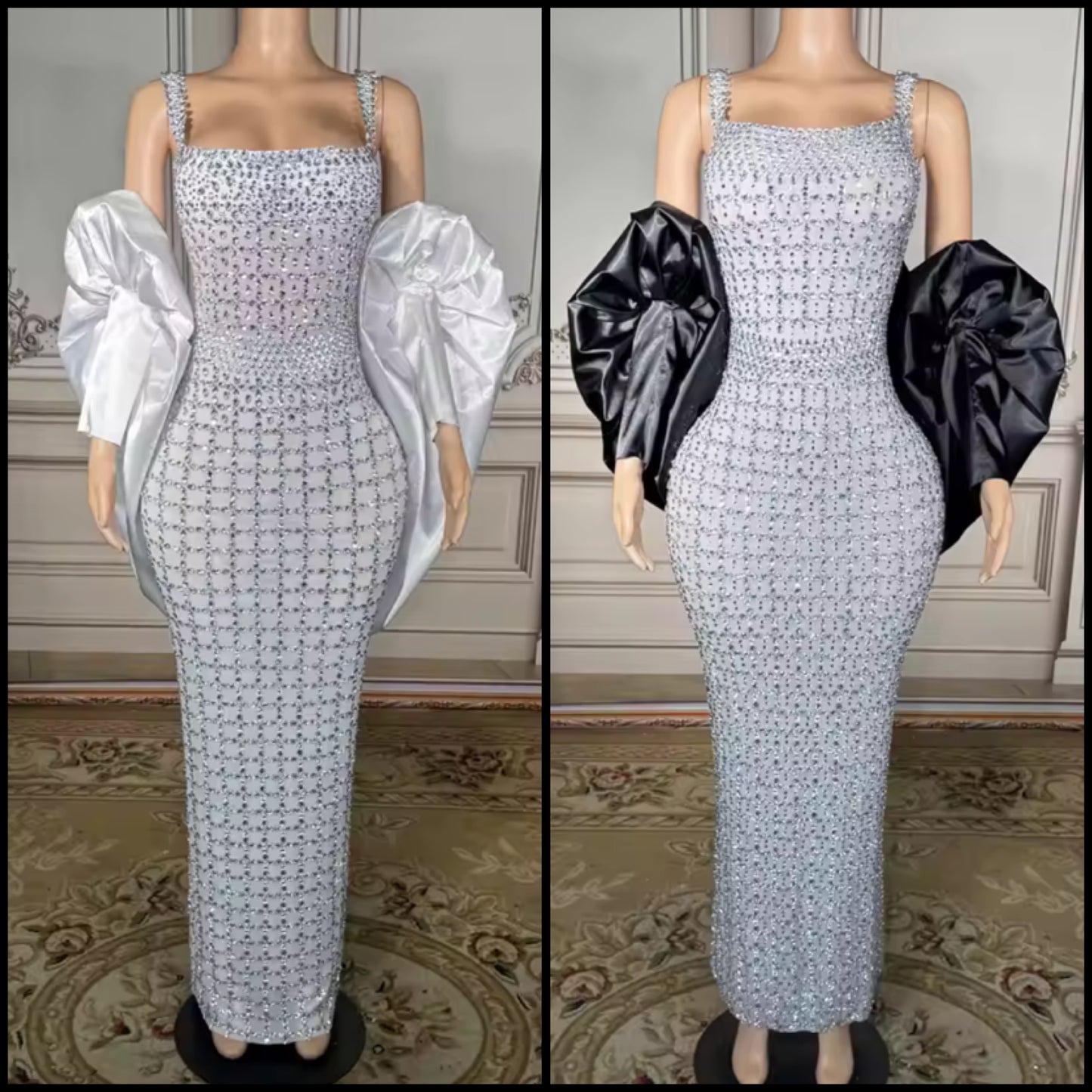Rhinestone Embellishment Sexy Sleeveless Satin Glove Maxi Dress
