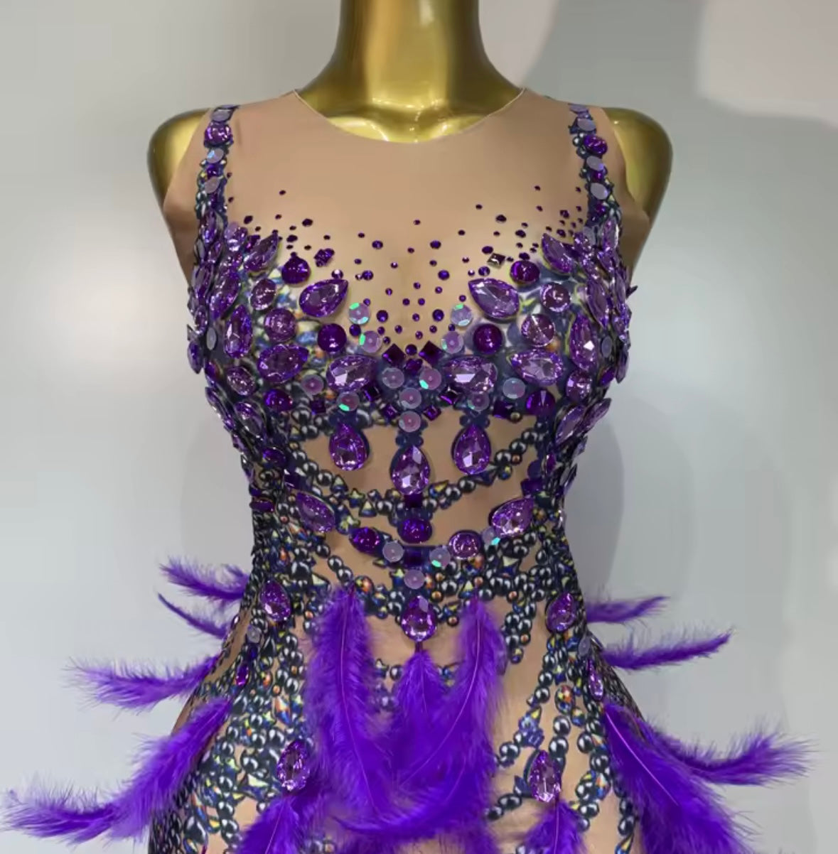 Sexy Sleeveless Rhinestone Feather Purple Floor-Length Dress