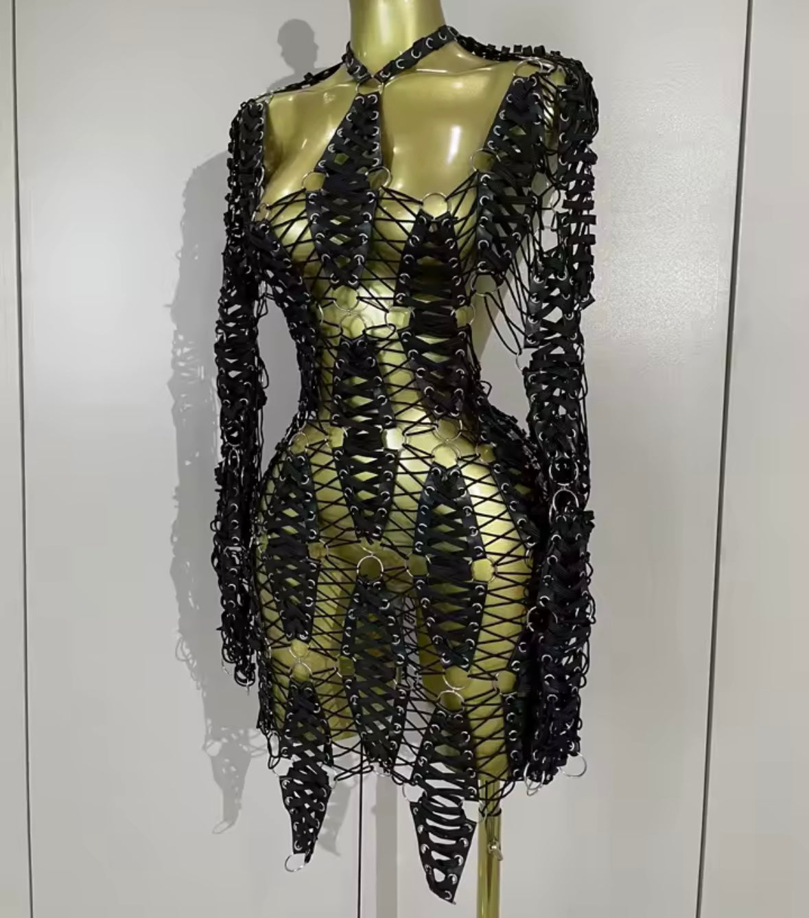 Sexy Black Open Back Full Sleeve Lace Up Dress