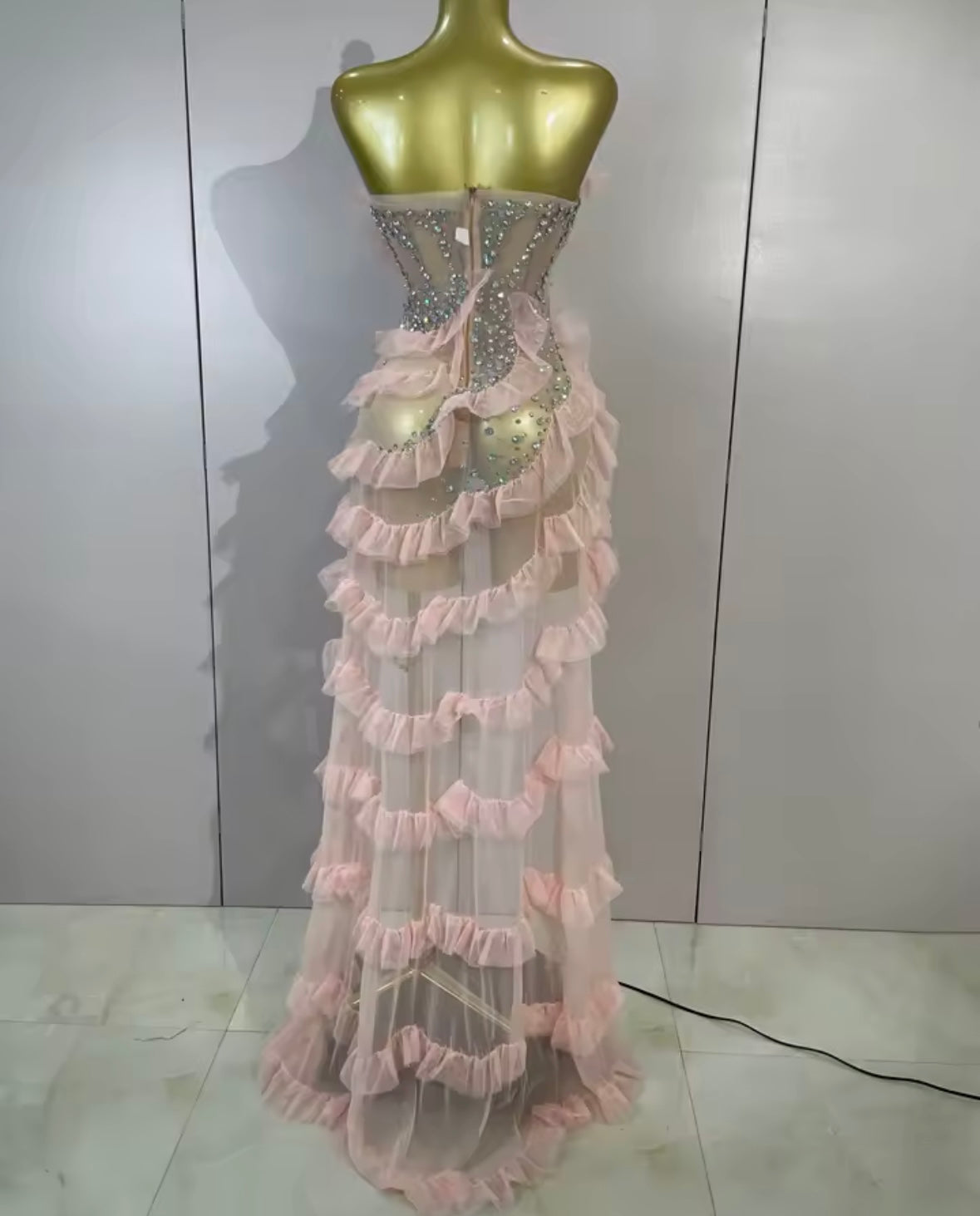 Pink Strapless Sexy Rhinestone Ruffle Asymmetrical Dress