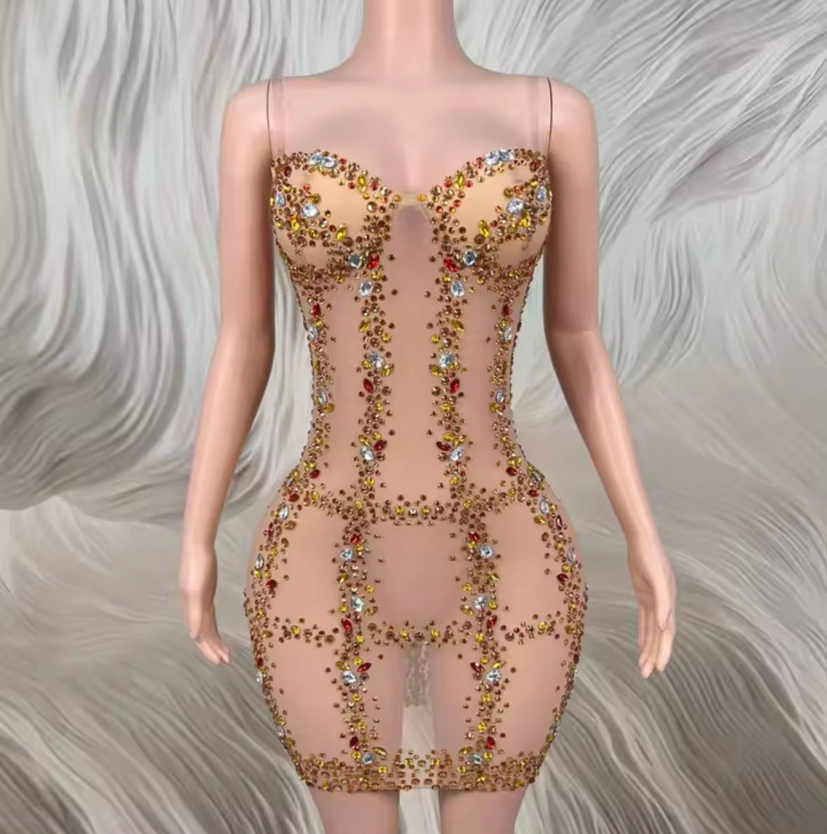 Sexy Sleeveless See Through Color Rhinestone Dress