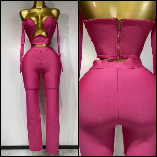 Sexy Pink Strapless Glove Full Sleeve Pant Set