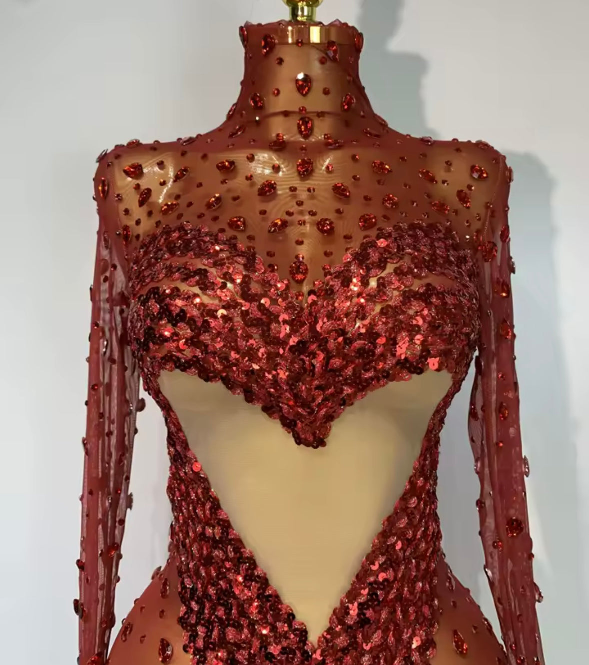 Sexy Sequins Rhinestone Heart Red Full Sleeve Dress