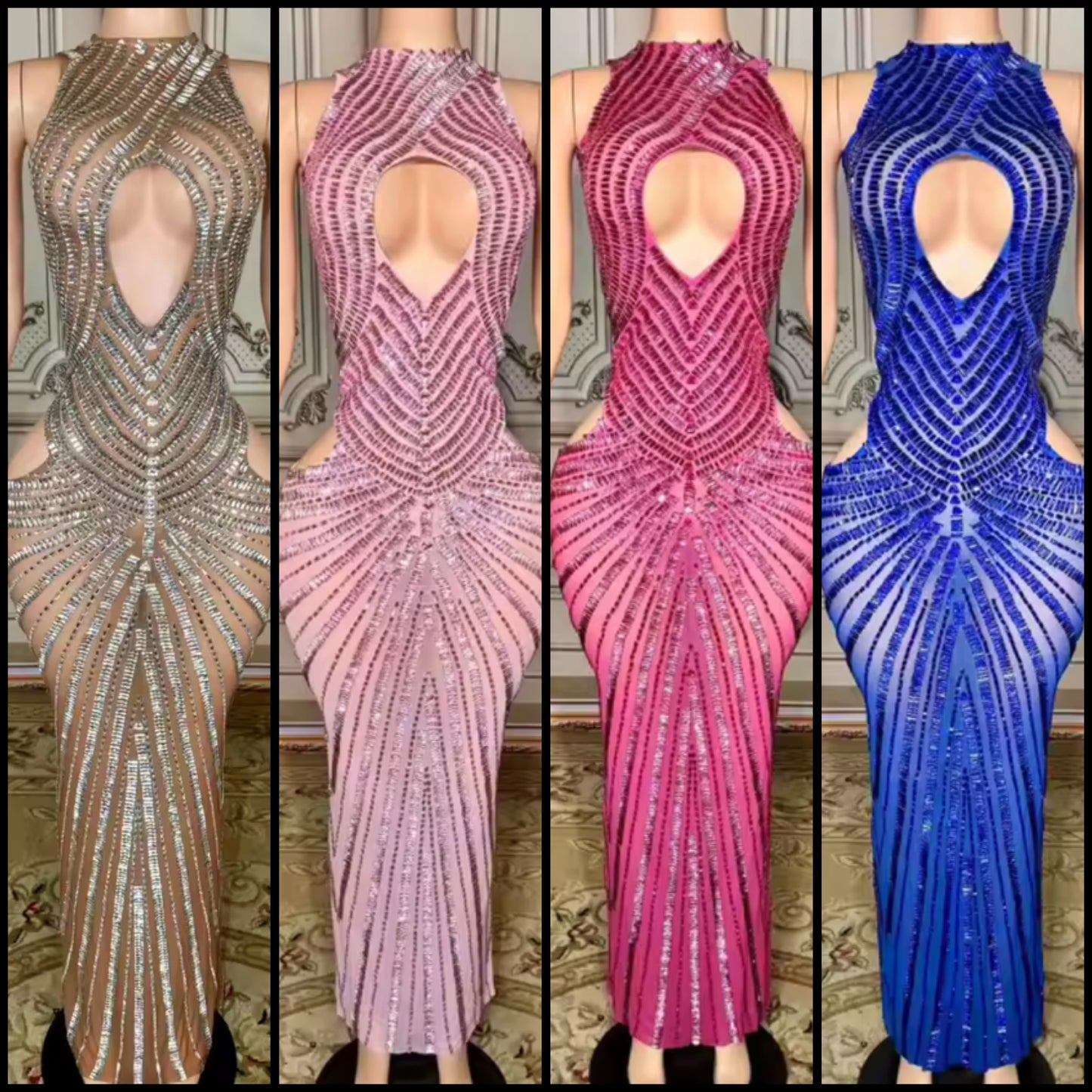 Sexy Halter Sleeveless Hollow Out See Through Rhinestone Maxi Dress