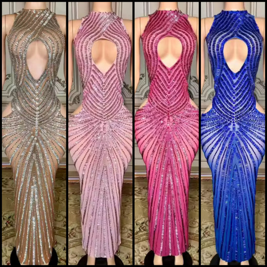 Sexy Halter Sleeveless Hollow Out See Through Rhinestone Maxi Dress