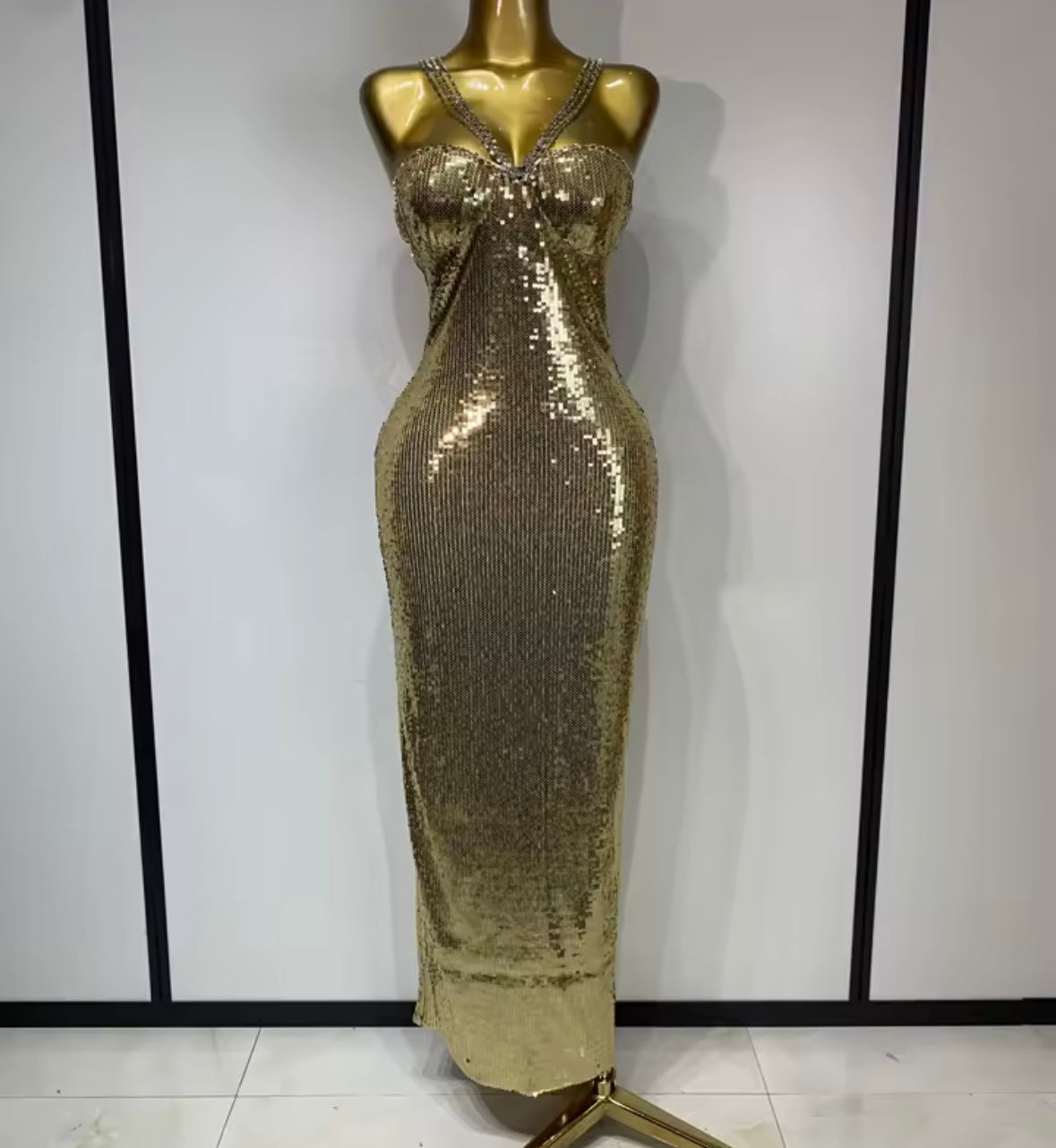 Sexy Rhinestone Halter Sleeveless Sequins Maxi Dress