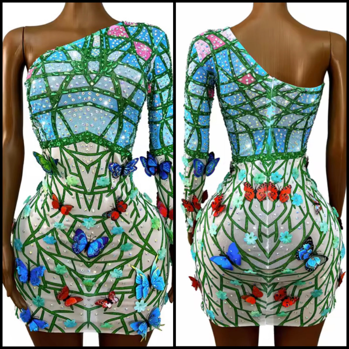 Sexy One Shoulder Full Sleeve Rhinestone Butterfly Printed Dress