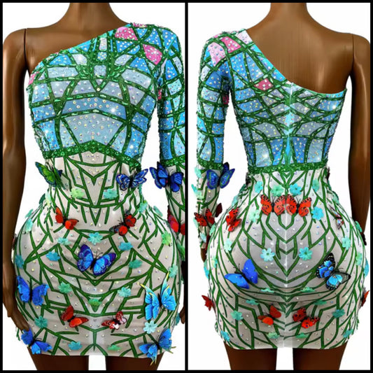 Sexy One Shoulder Full Sleeve Rhinestone Butterfly Printed Dress