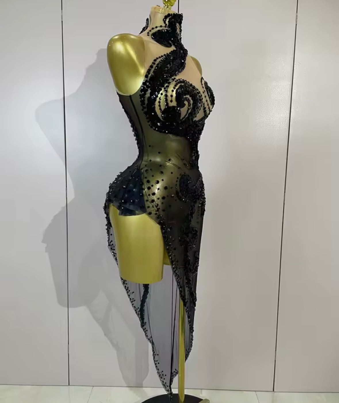 Black Sexy Sleeveless Sequins Rhinestone Asymmetrical Dress