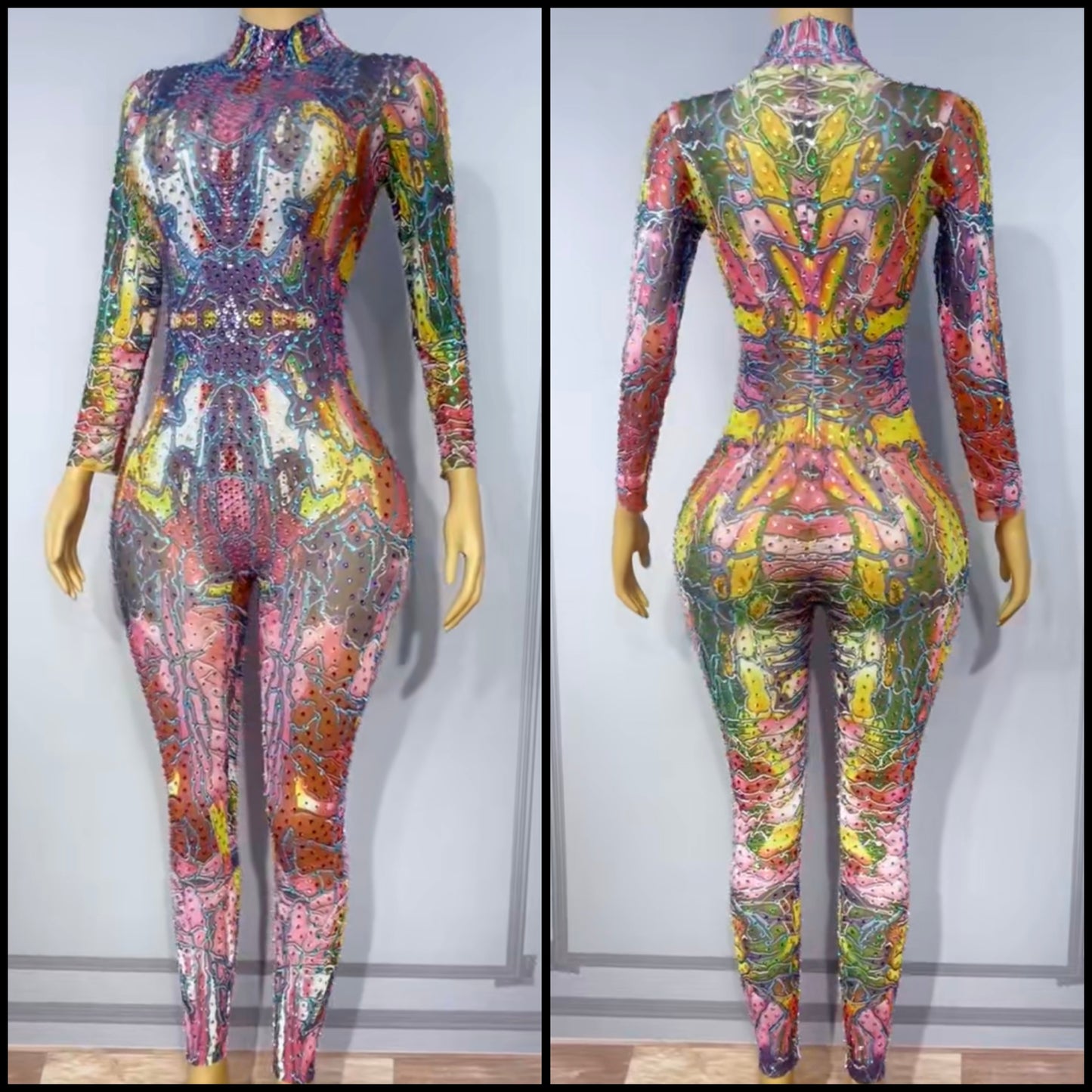 Multicolored Rhinestone Full Sleeve Jumpsuit