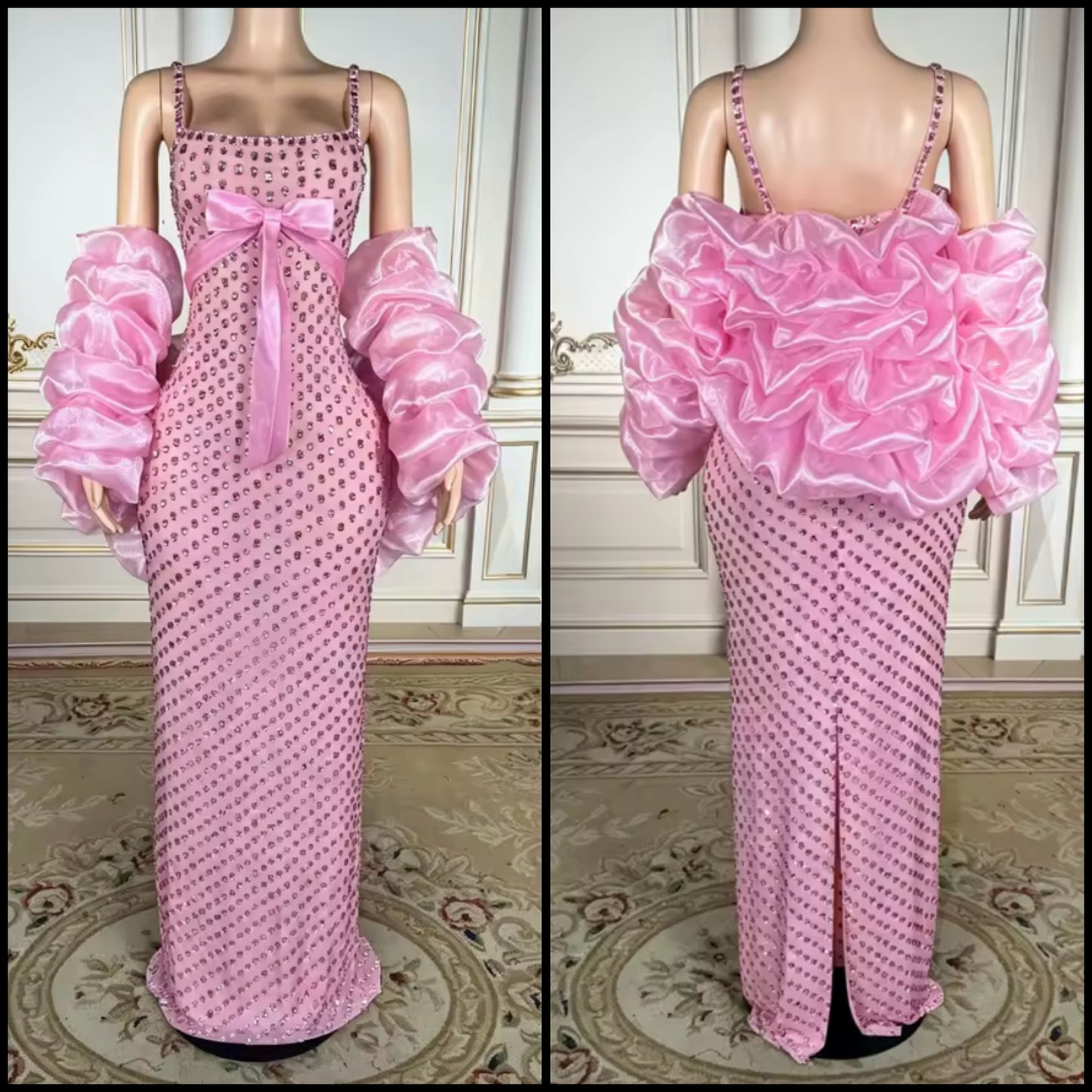 Pink Bow Rhinestone Sleeveless Sexy Maxi Dress