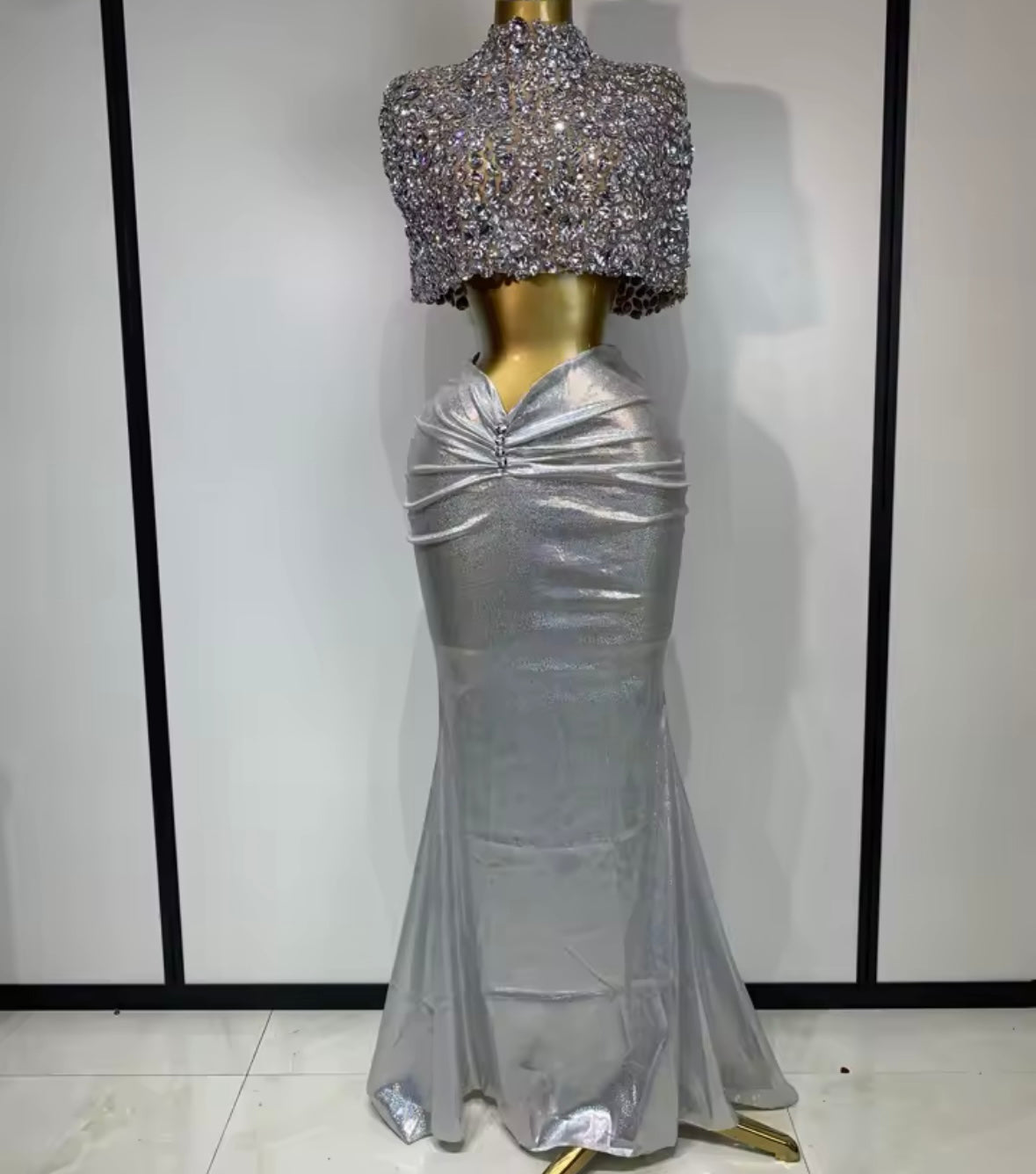 Silver Rhinestone Crop Sexy Ruched Maxi Skirt Set