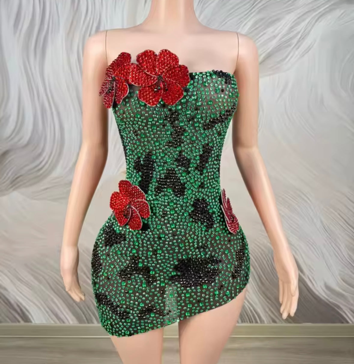 Sexy Strapless Floral Rhinestone Dress