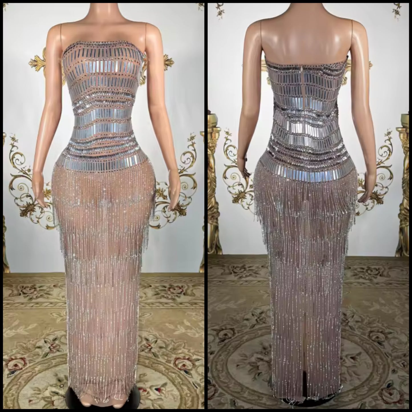 Sexy Strapless Mirror Rhinestone Tassel Maxi Dress