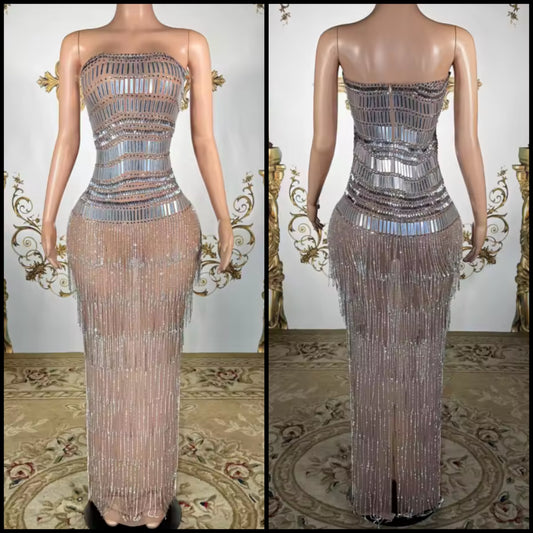 Sexy Strapless Mirror Rhinestone Tassel Maxi Dress