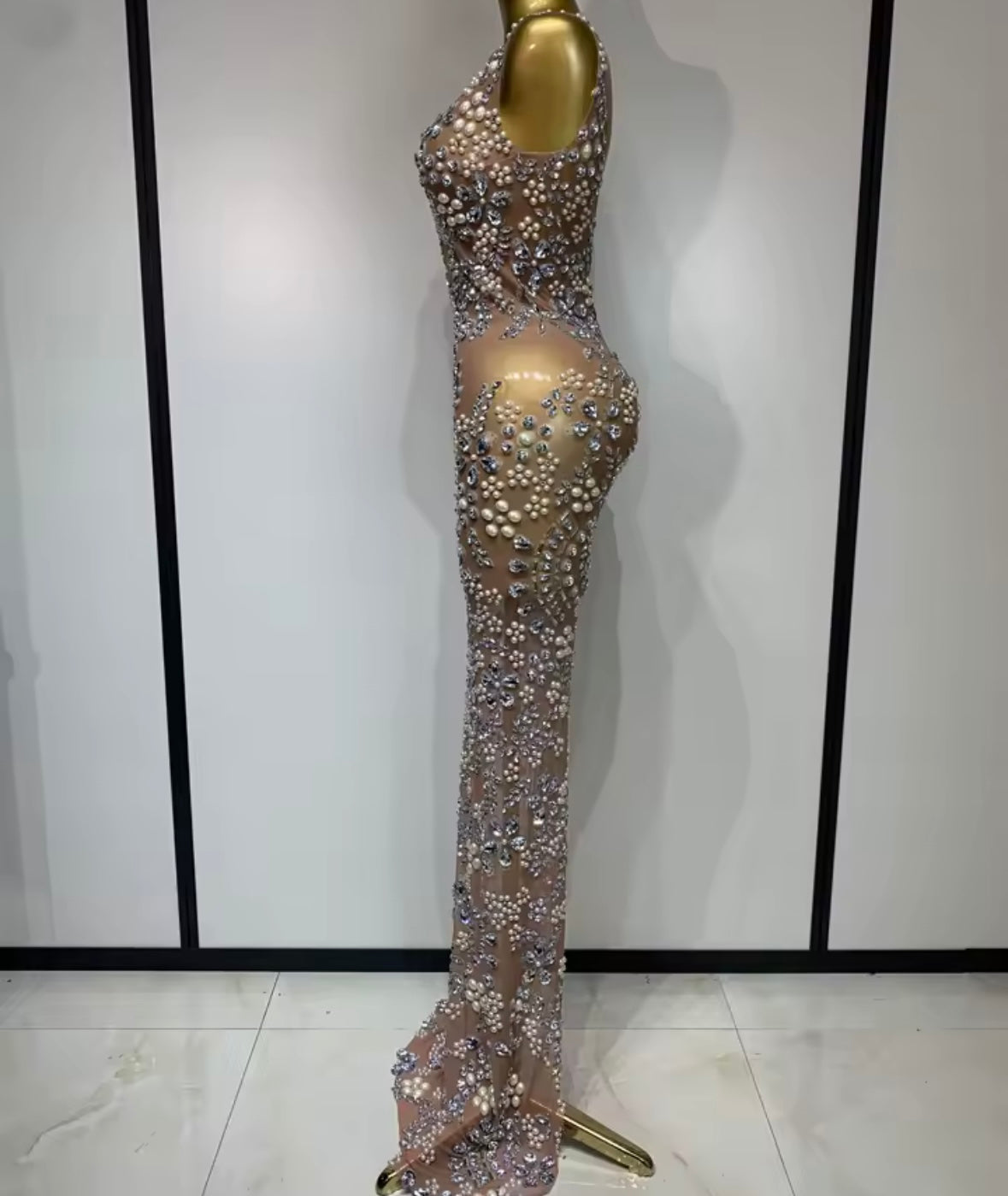 Sexy Sleeveless Beaded Rhinestone Floor-Length Dress
