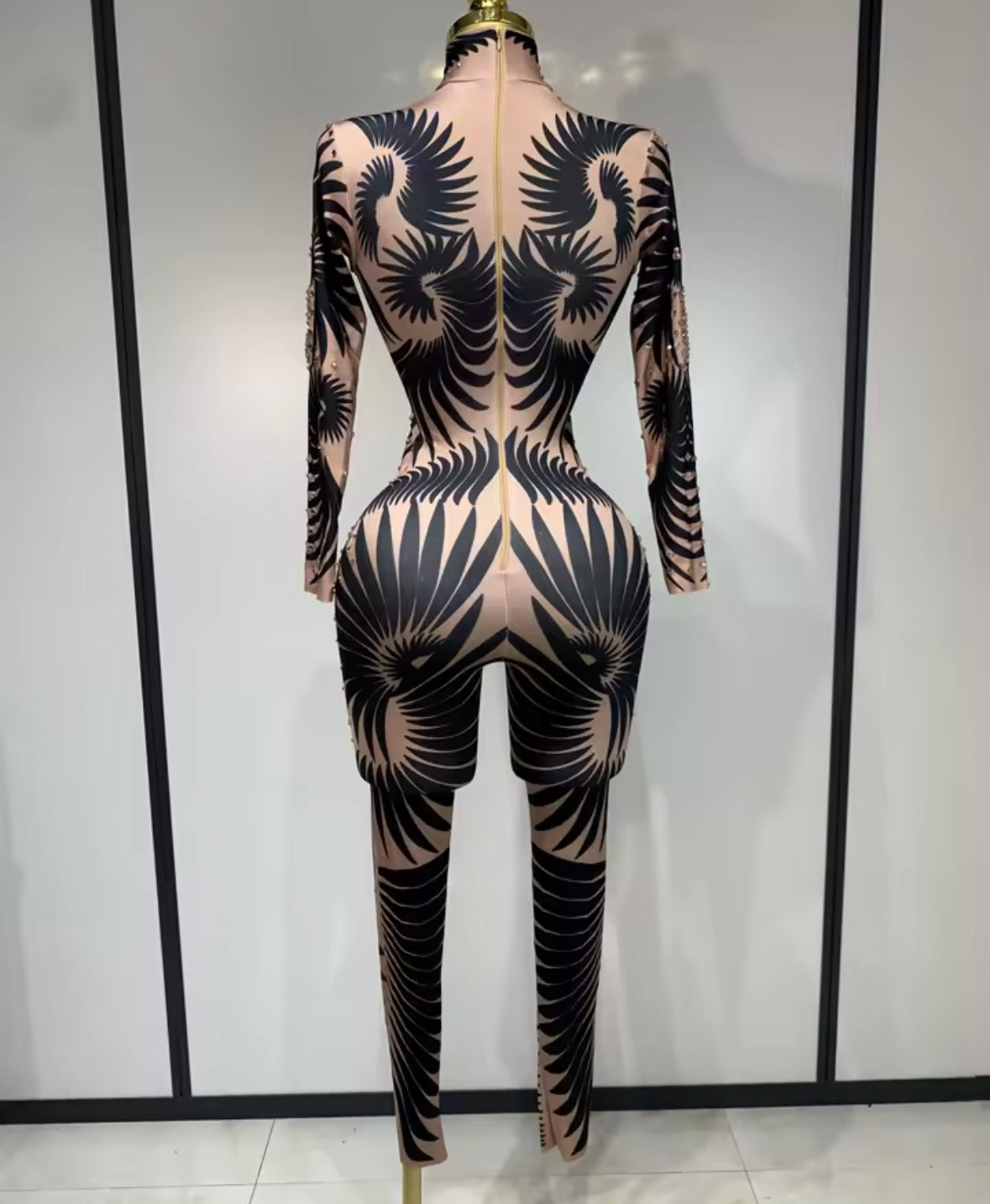 Sexy Rhinestone Embellishment Printed Full Sleeve Jumpsuit