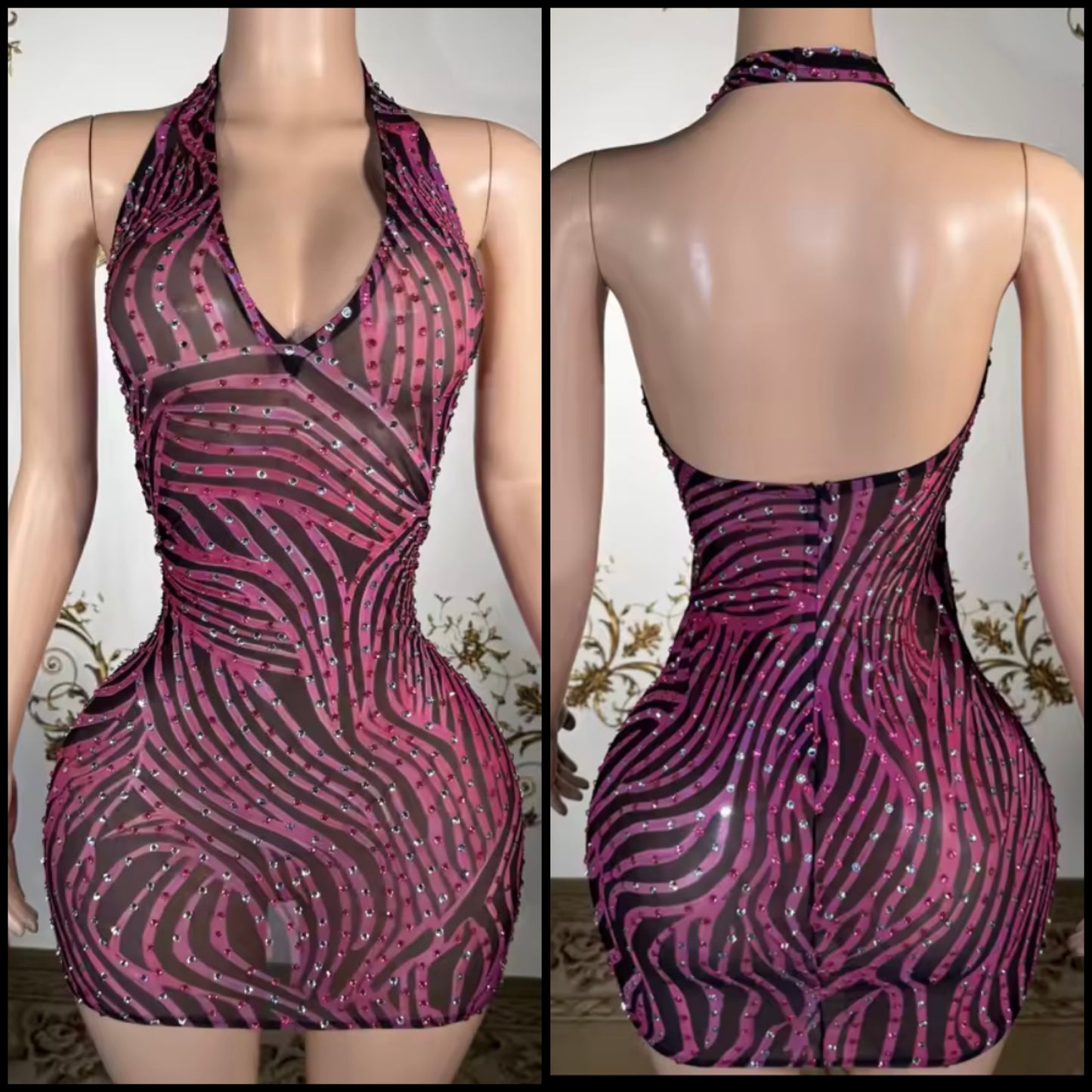 Sexy Striped Halter Sleeveless Rhinestone Dress