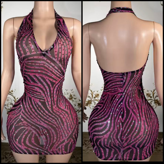 Sexy Striped Halter Sleeveless Rhinestone Dress
