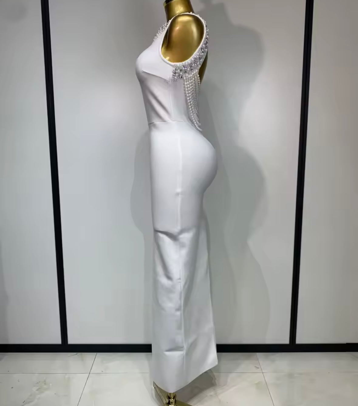 Sexy Sleeveless Rhinestone Pearl Open Back Maxi Dress