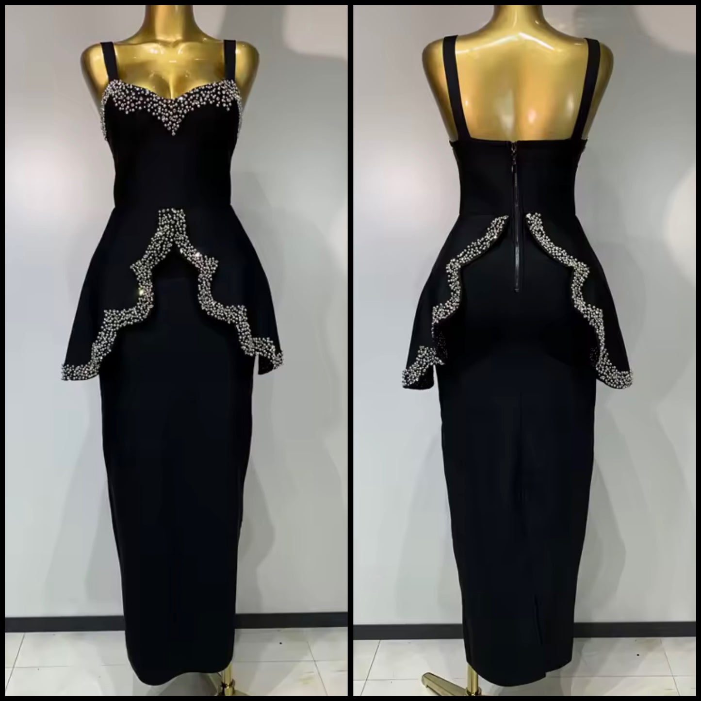 Black Elegant Sleeveless Rhinestone Maxi Dress