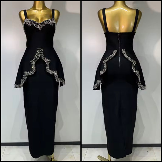 Black Elegant Sleeveless Rhinestone Maxi Dress