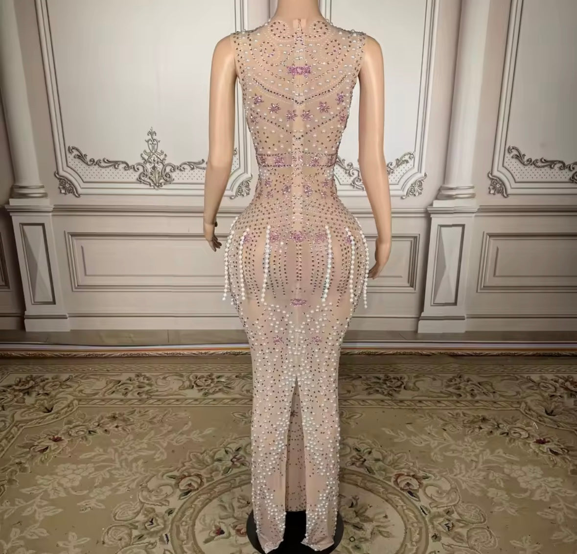 Elegant Sleeveless Rhinestone Pearl Tassel Floor-Length Dress