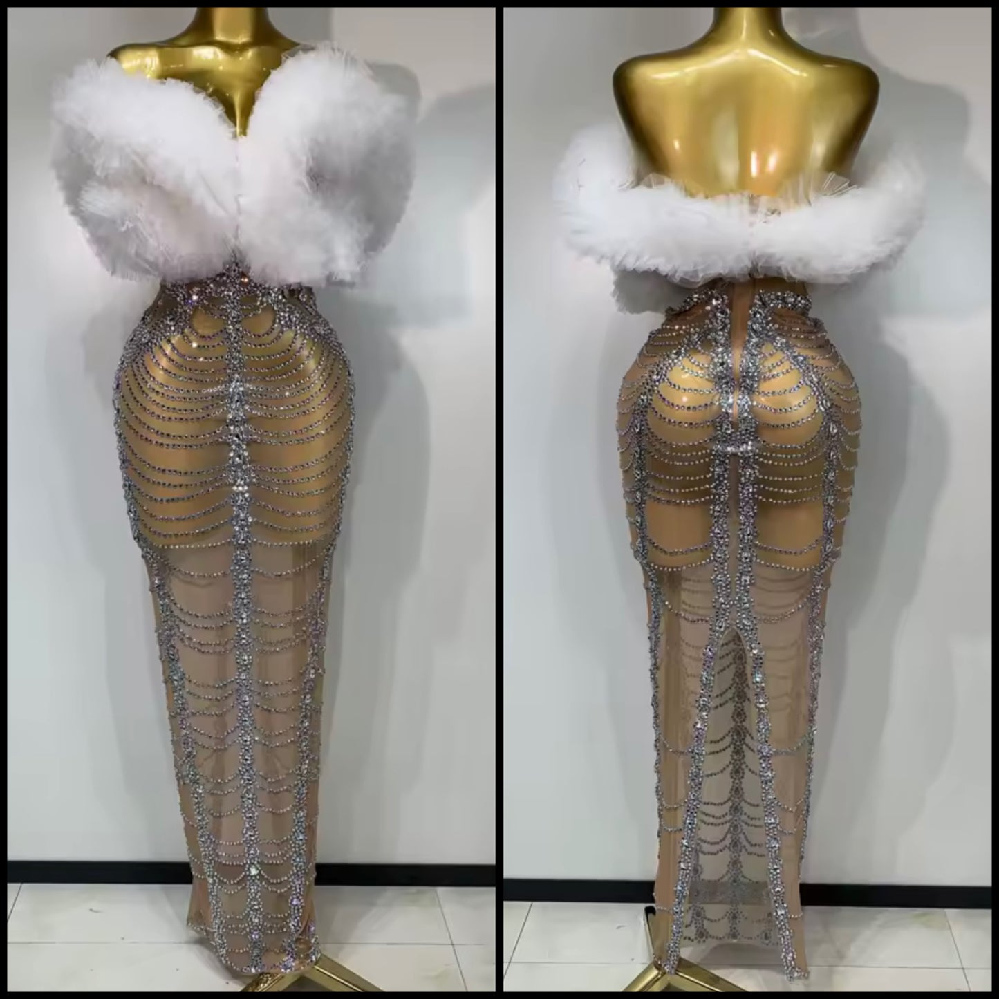Sexy Ruffled Strapless Rhinestone Floor-Length Dress