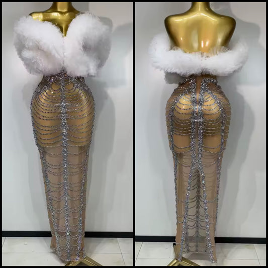Sexy Ruffled Strapless Rhinestone Floor-Length Dress