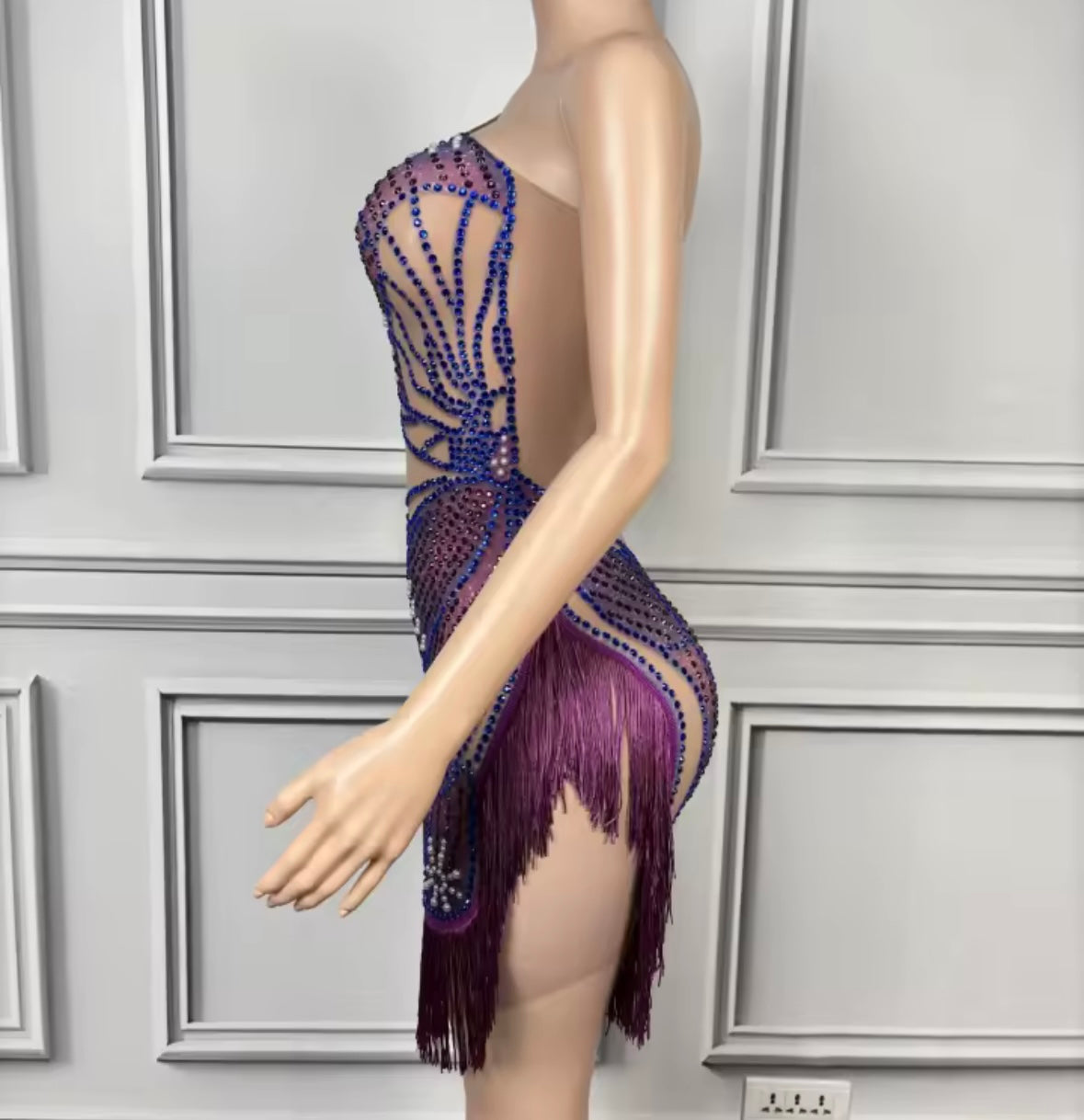 Sexy One Shoulder Sleeveless Rhinestone Fringe Tassel Dress