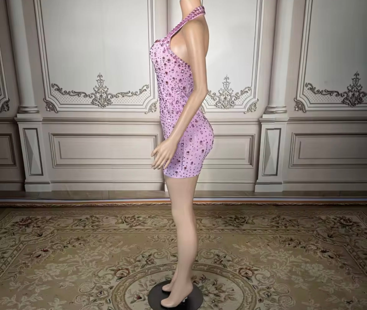 Sexy Pink Halter Sleeveless Crystal Short Dress