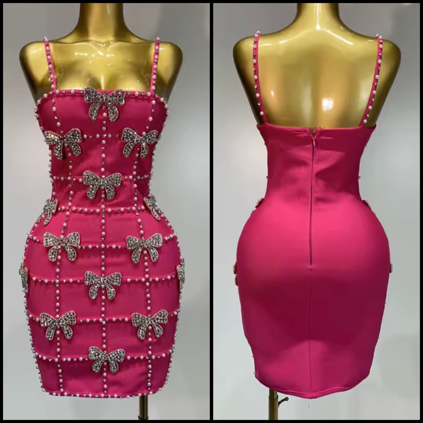 Pink Sleeveless Pearl Bow Rhinestone Dress