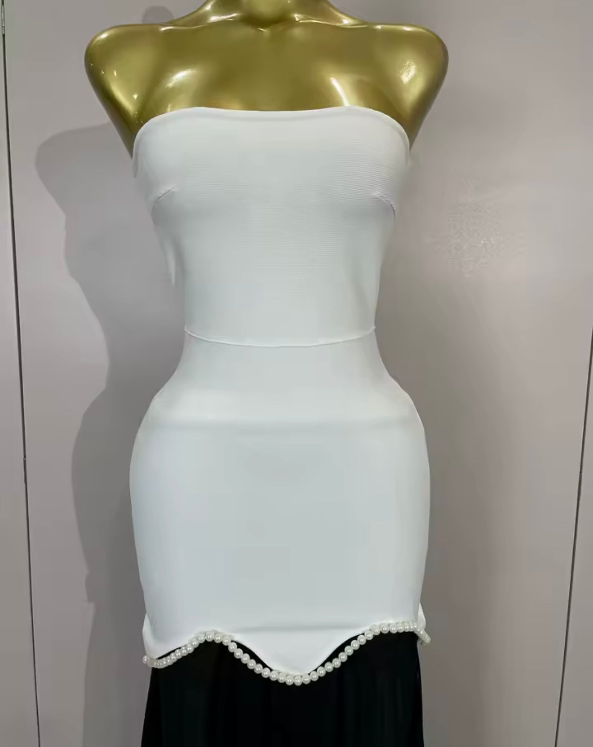 Elegant Strapless Pearl Patchwork Floor-Length Dress