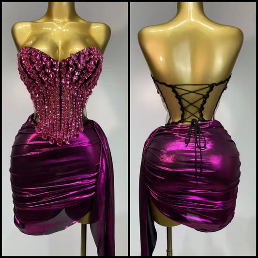 Sexy Crystal Strapless Corset Tassel Skirt Set