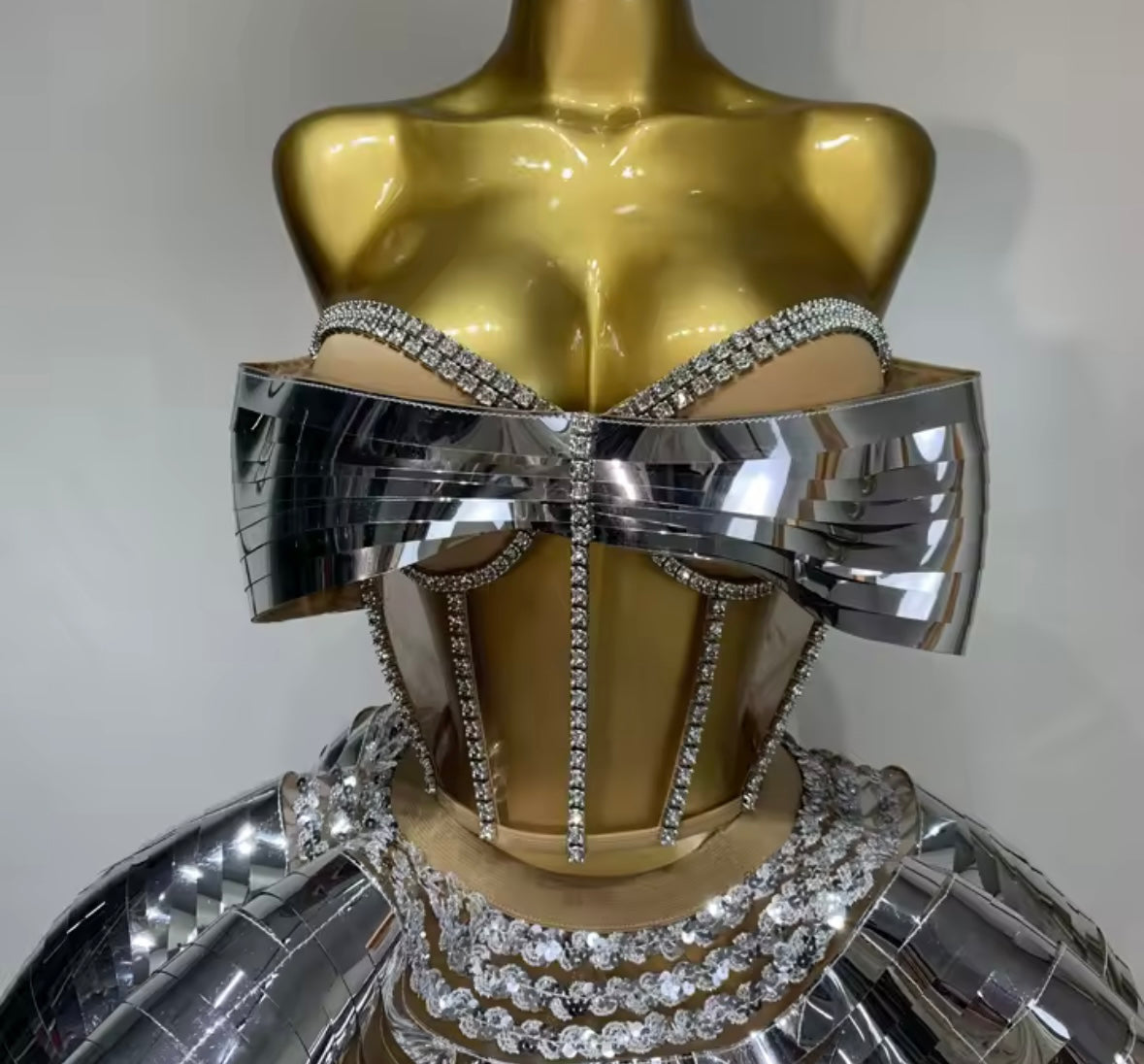 Sexy Bow Strapless Metallic Mesh Rhinestone Two Piece Skirt Set