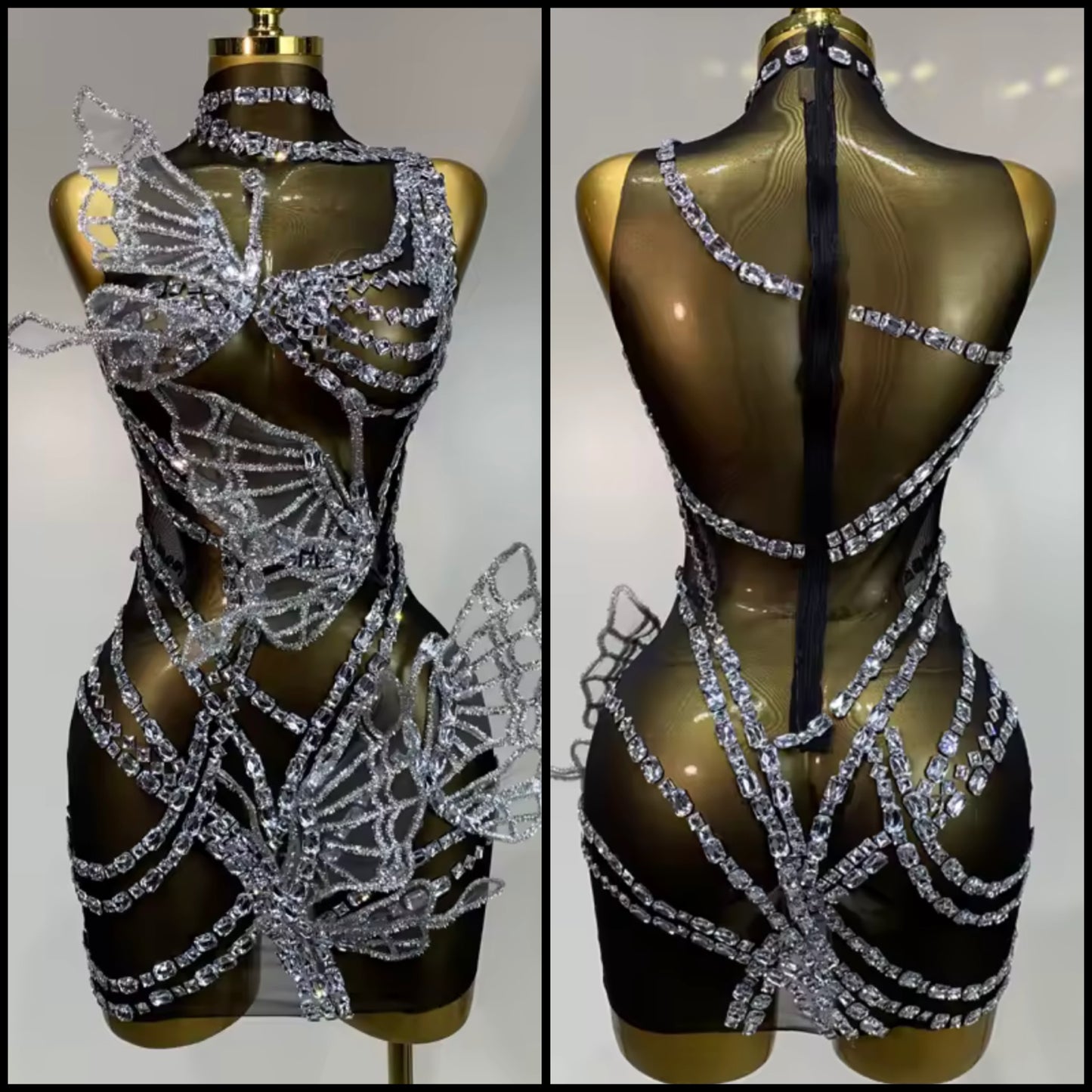 Sexy Black Sleeveless See Through Crystal Butterfly Dress