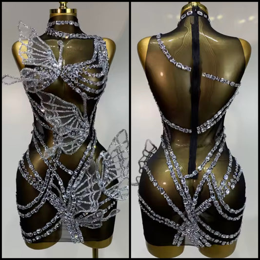 Sexy Black Sleeveless See Through Crystal Butterfly Dress