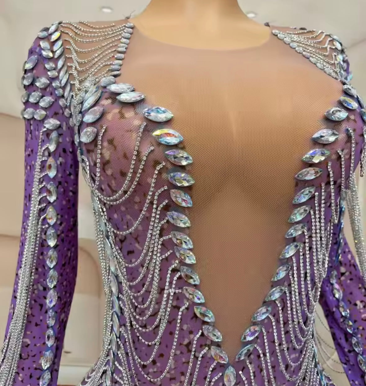 Sexy Purple Rhinestone Chain Full Sleeve Short Dress