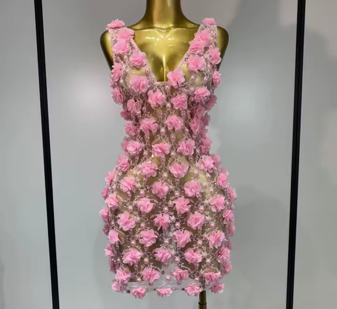 Sleeveless Pink Floral Beaded Sexy Short Dress