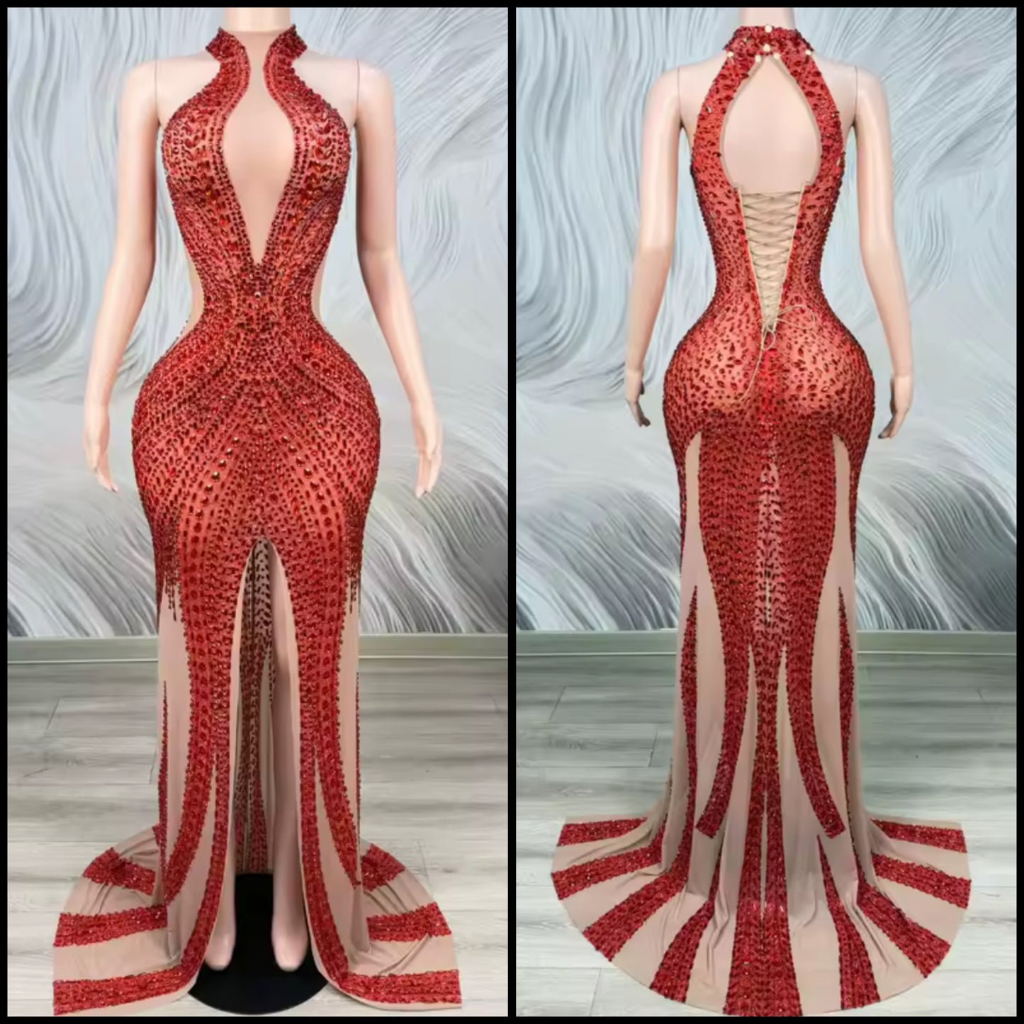 Sexy Red Halter Sleeveless Rhinestone Front Split Floor-Length Dress