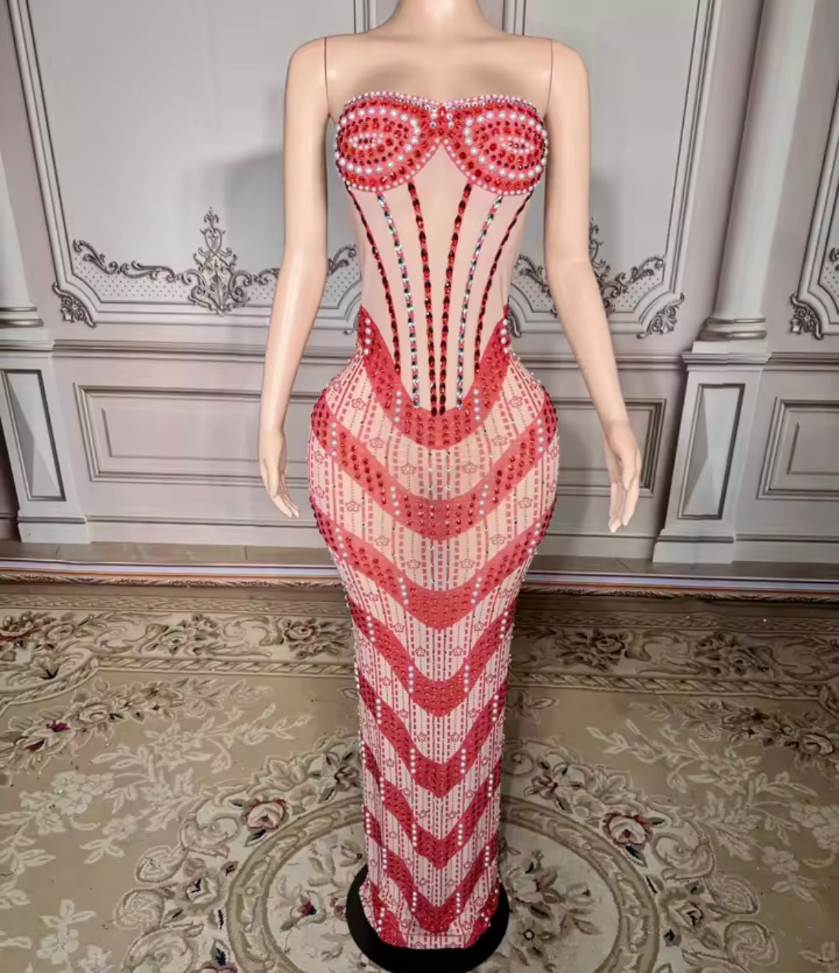 Sexy Strapless See Through Rhinestone Maxi Dress